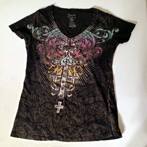 ANGELS AND DIAMONDS CROSS T-SHIRT - SIZE L - WOMENS TOP